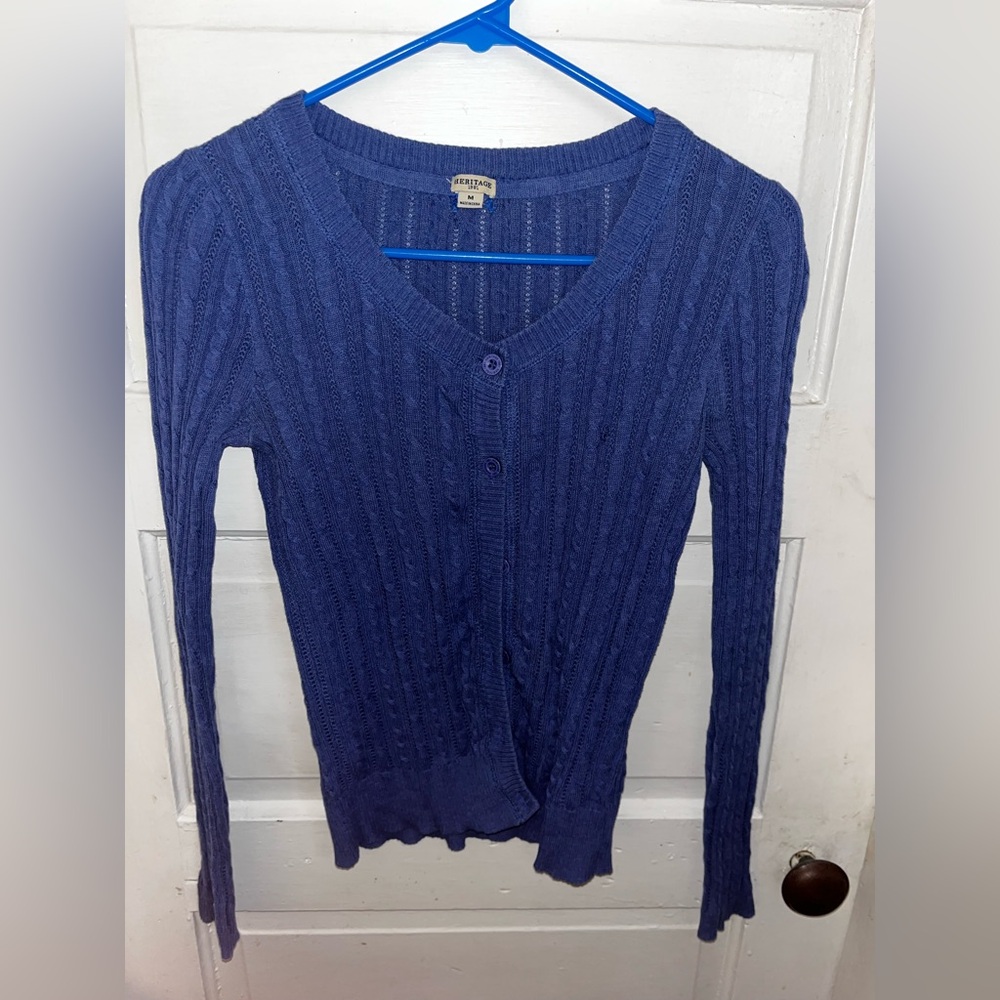 Heritage Blue Cable Knit Button Down V-Neck Sweater